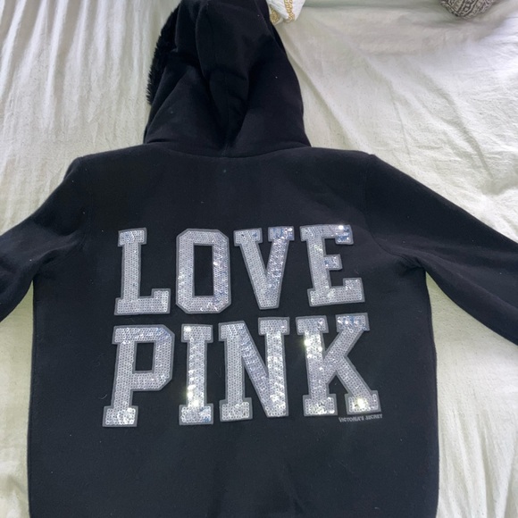 Furry PINK Victoria's Secret Black hoodie with Heart Accent - Picture 6 of 9